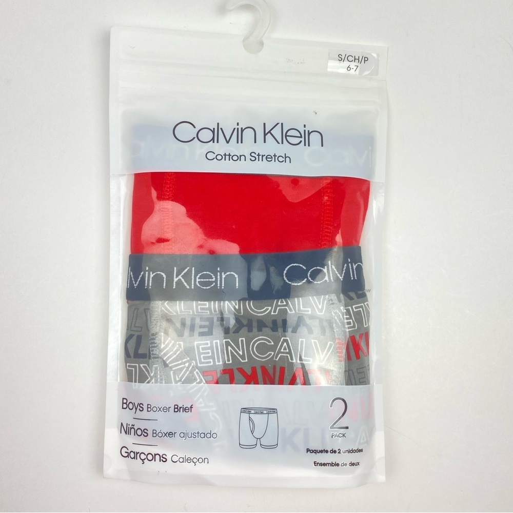 Calvin Klein Cotton Stretch 2-Pack Boys Boxer Briefs Red/Gray Size S(6-7) NWT
